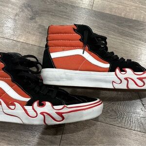 Vans Orange Black High Top Sneakers with Red Flame Detail